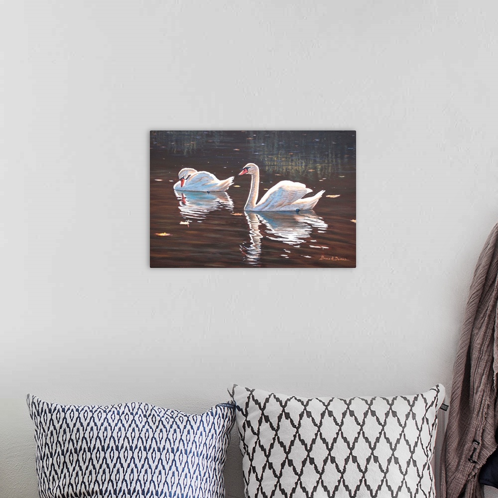 A bohemian room featuring Contemporary artwork of swans in water.