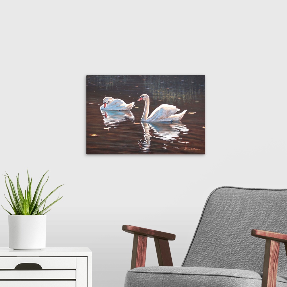 A modern room featuring Contemporary artwork of swans in water.