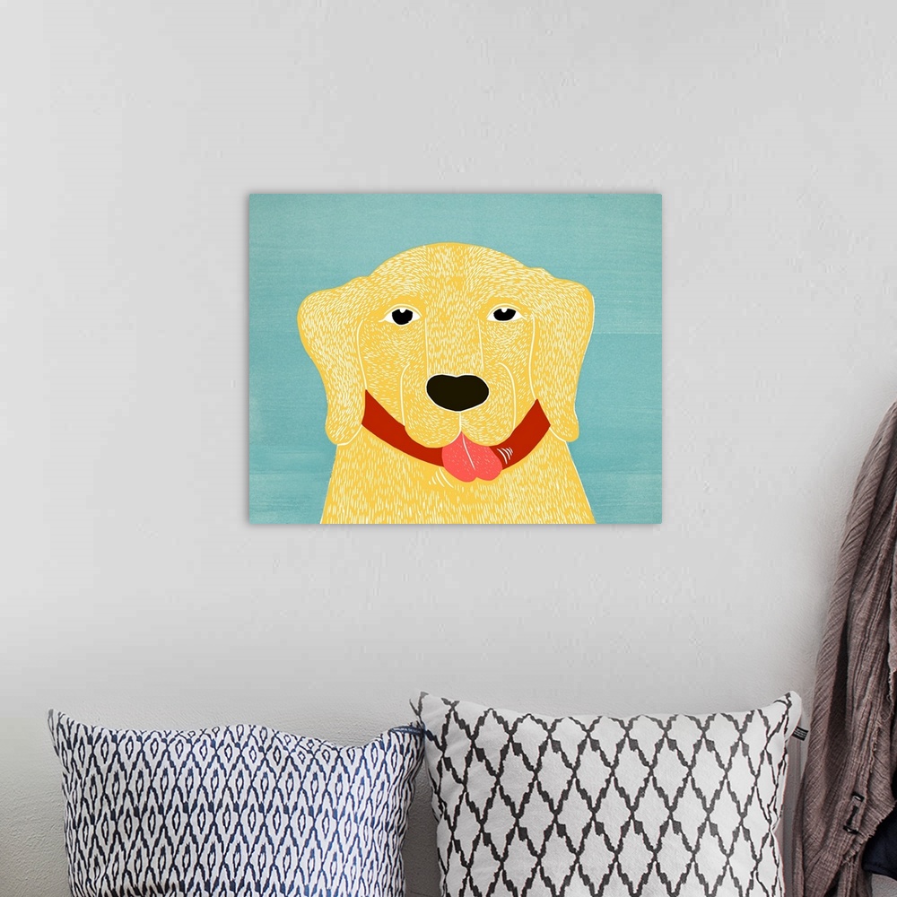 A bohemian room featuring Illustrated portrait of a yellow lab on a blue background.
