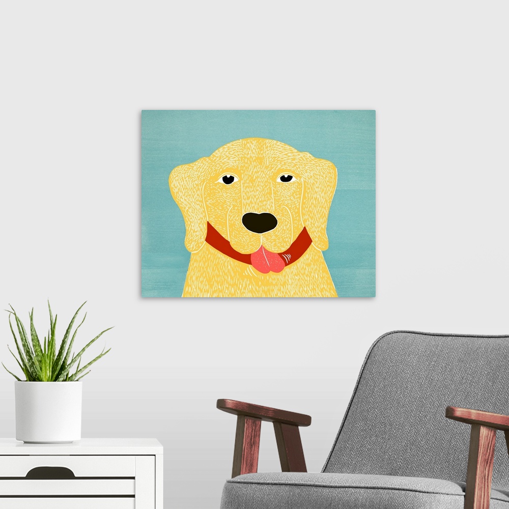 A modern room featuring Illustrated portrait of a yellow lab on a blue background.