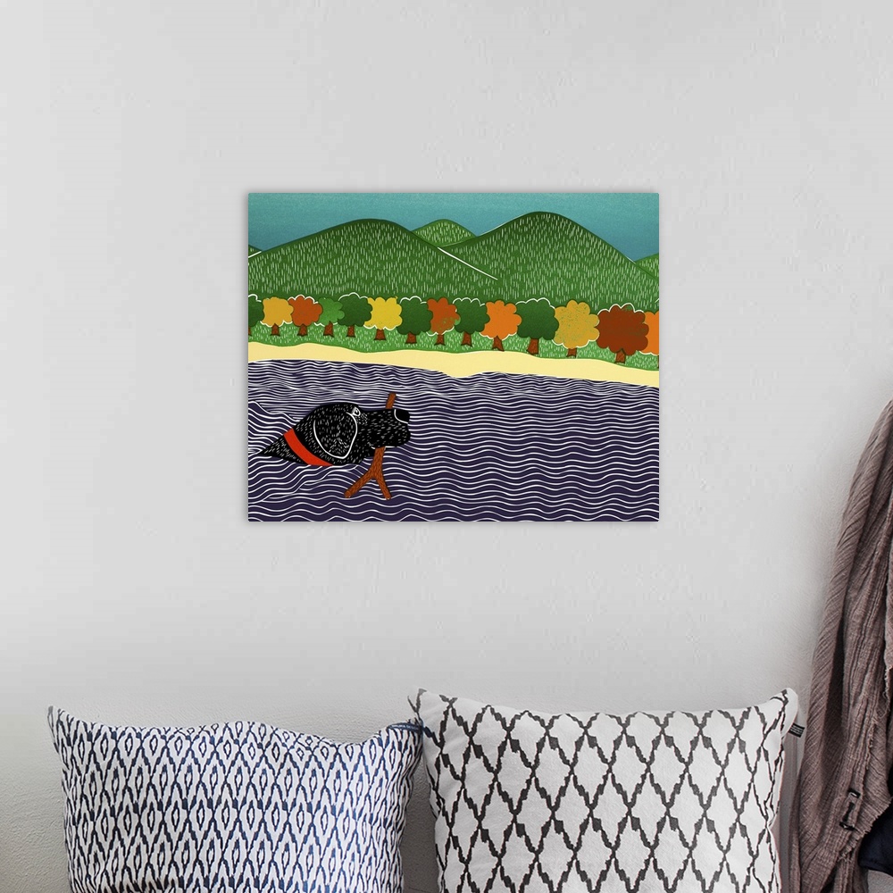 A bohemian room featuring Illustration of a black lab swimming in water with a stick in its mouth and Fall trees and rollin...