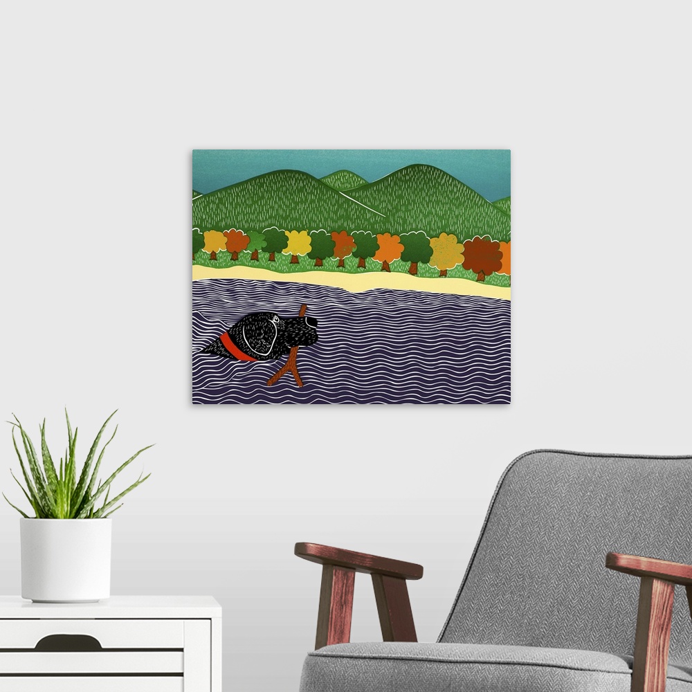 A modern room featuring Illustration of a black lab swimming in water with a stick in its mouth and Fall trees and rollin...
