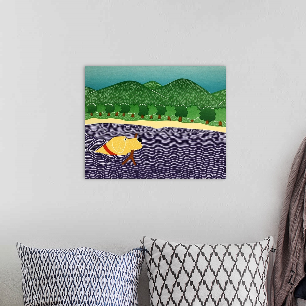 A bohemian room featuring Illustration of a yellow lab swimming in water with a stick in its mouth and rolling green hills ...