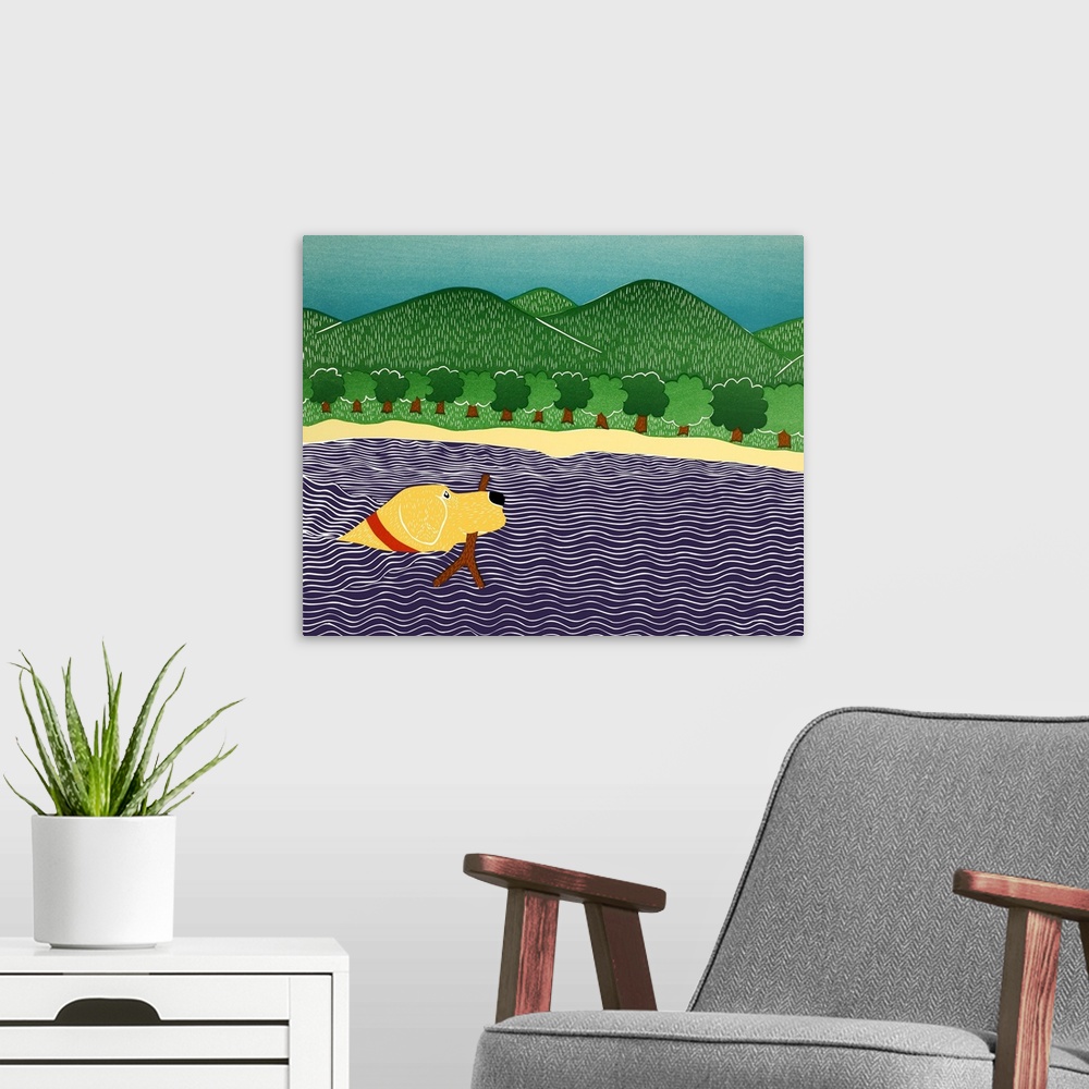 A modern room featuring Illustration of a yellow lab swimming in water with a stick in its mouth and rolling green hills ...