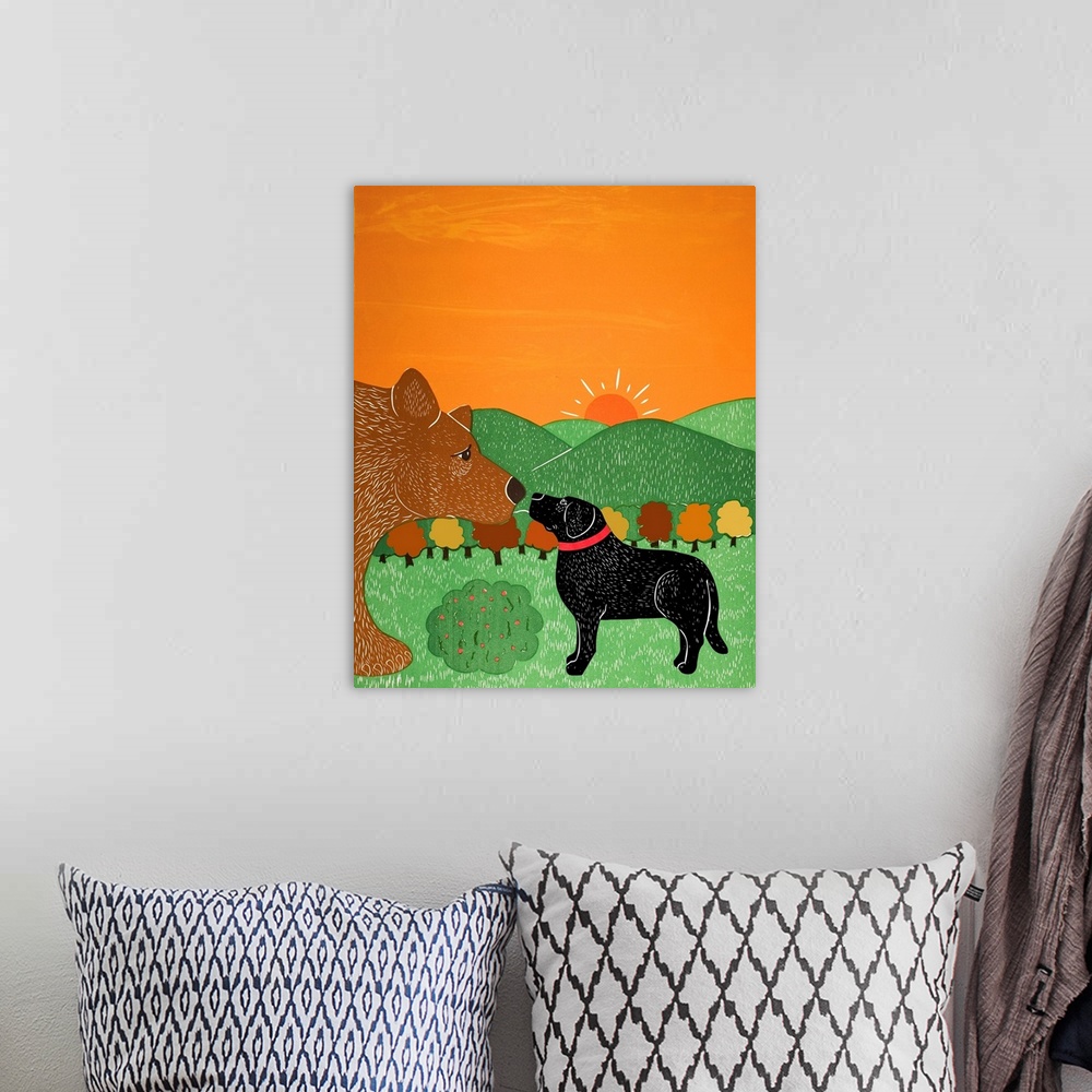 A bohemian room featuring Illustration of a black lab and a brown bear smelling/greeting each other on a sunny Fall day.