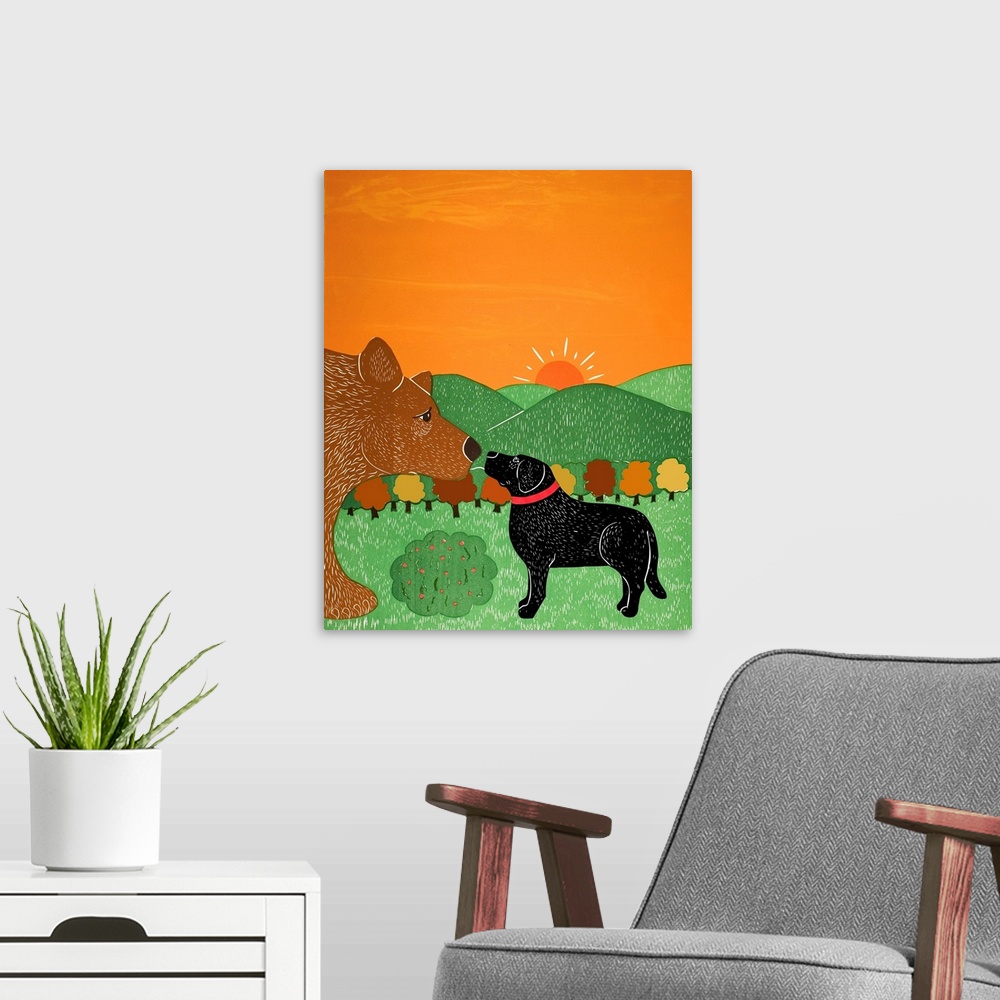 A modern room featuring Illustration of a black lab and a brown bear smelling/greeting each other on a sunny Fall day.