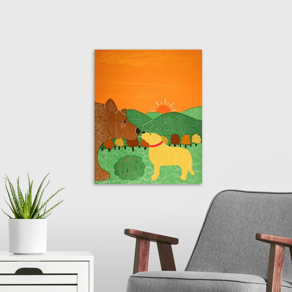 A modern room featuring Illustration of a yellow lab and a brown bear smelling/greeting each other on a sunny Fall day.