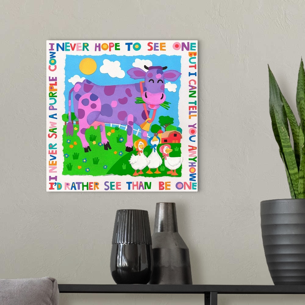 A modern room featuring A purple cow with three ducks with a nursery rhyme around the border.