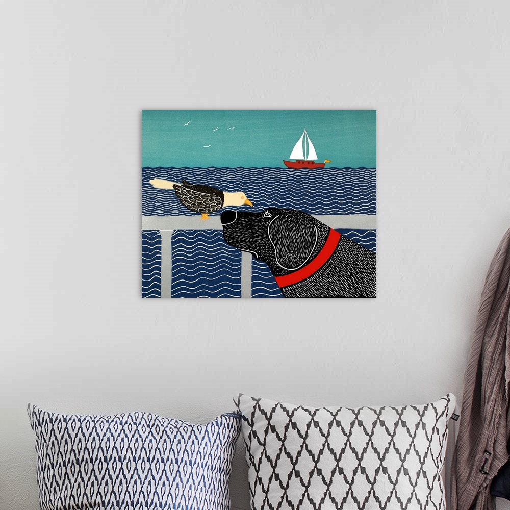 A bohemian room featuring Illustration of a black lab and a seabird starring at each other by the ocean with a sailboat in ...