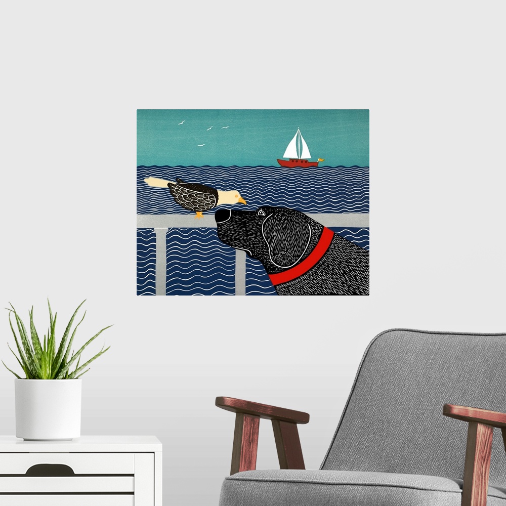 A modern room featuring Illustration of a black lab and a seabird starring at each other by the ocean with a sailboat in ...