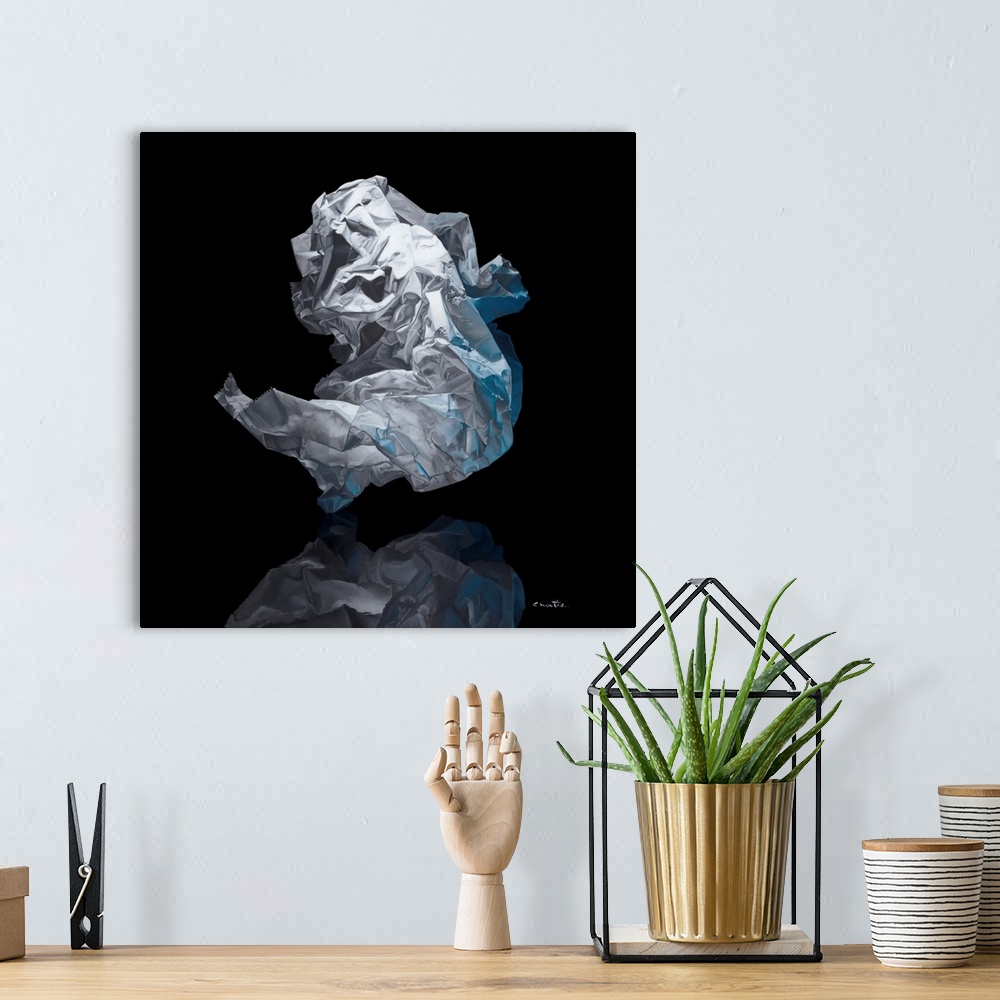 A bohemian room featuring Contemporary vivid realistic still-life painting of a crumpled up piece of tissue paper, on top o...