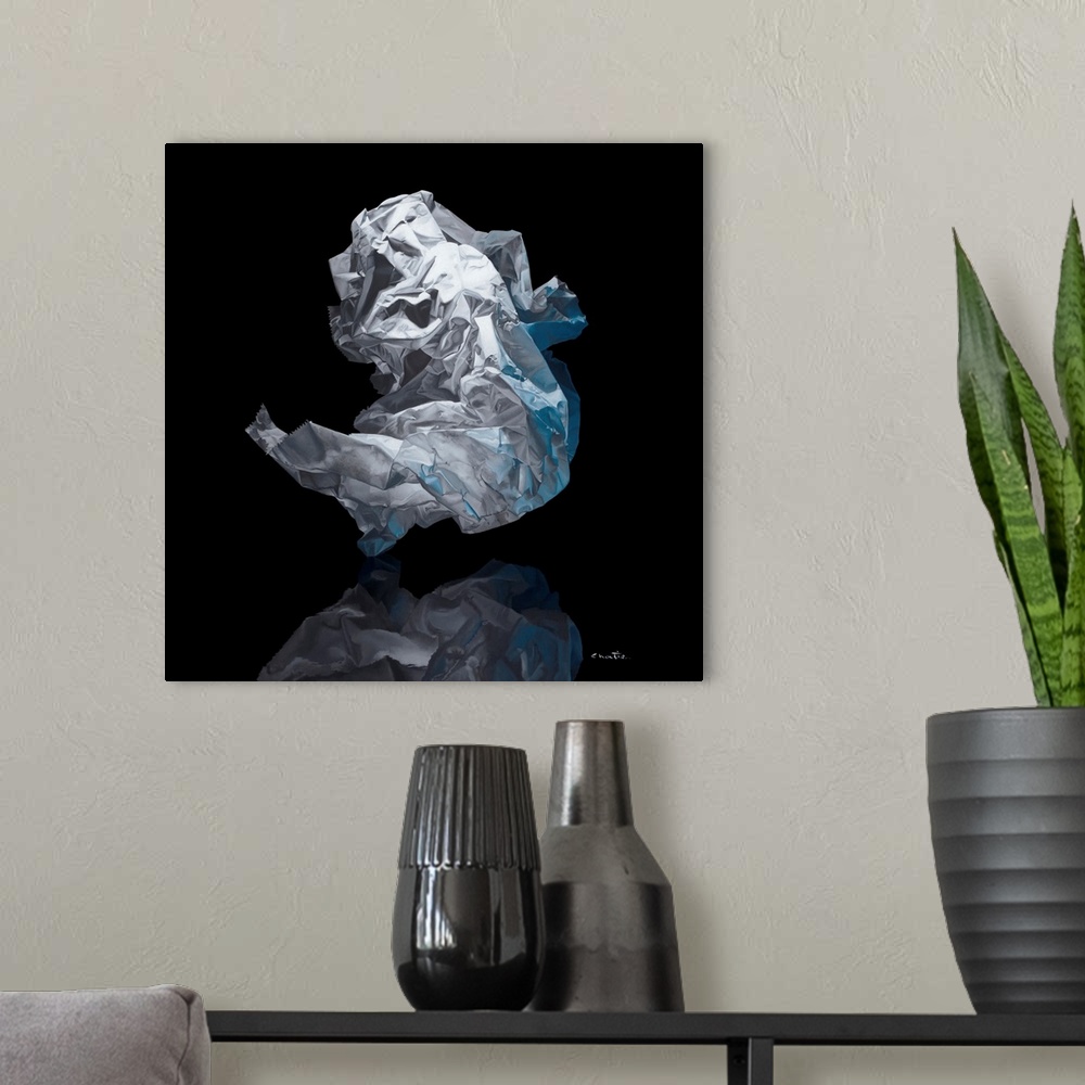 A modern room featuring Contemporary vivid realistic still-life painting of a crumpled up piece of tissue paper, on top o...