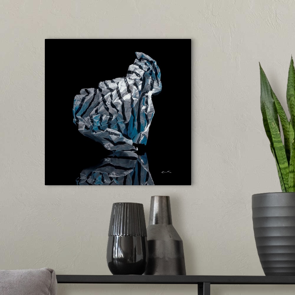 A modern room featuring Contemporary vivid realistic still-life painting of a crumpled up piece of black striped tissue p...