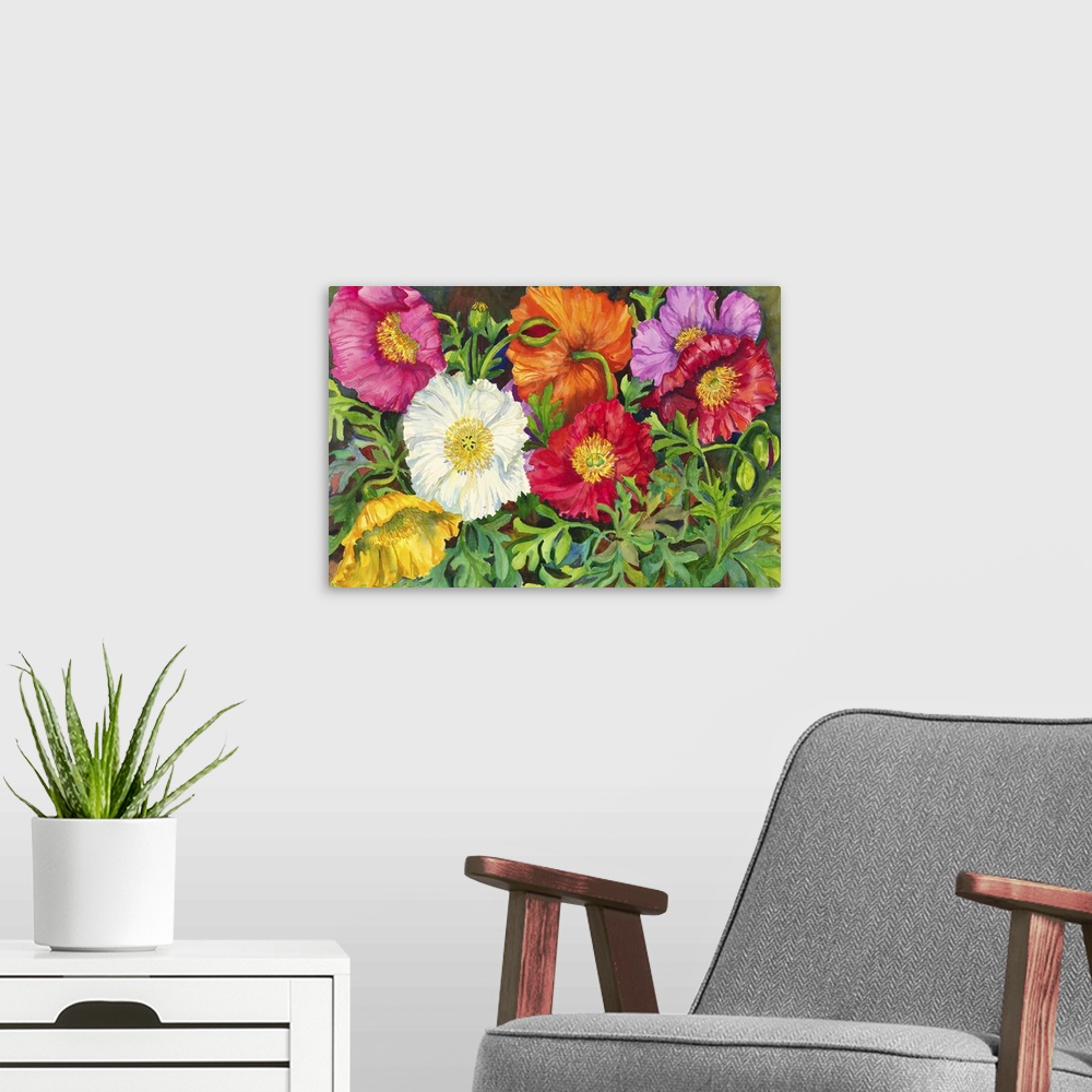 A modern room featuring Contemporary colorful painting of bright vibrant flowers.