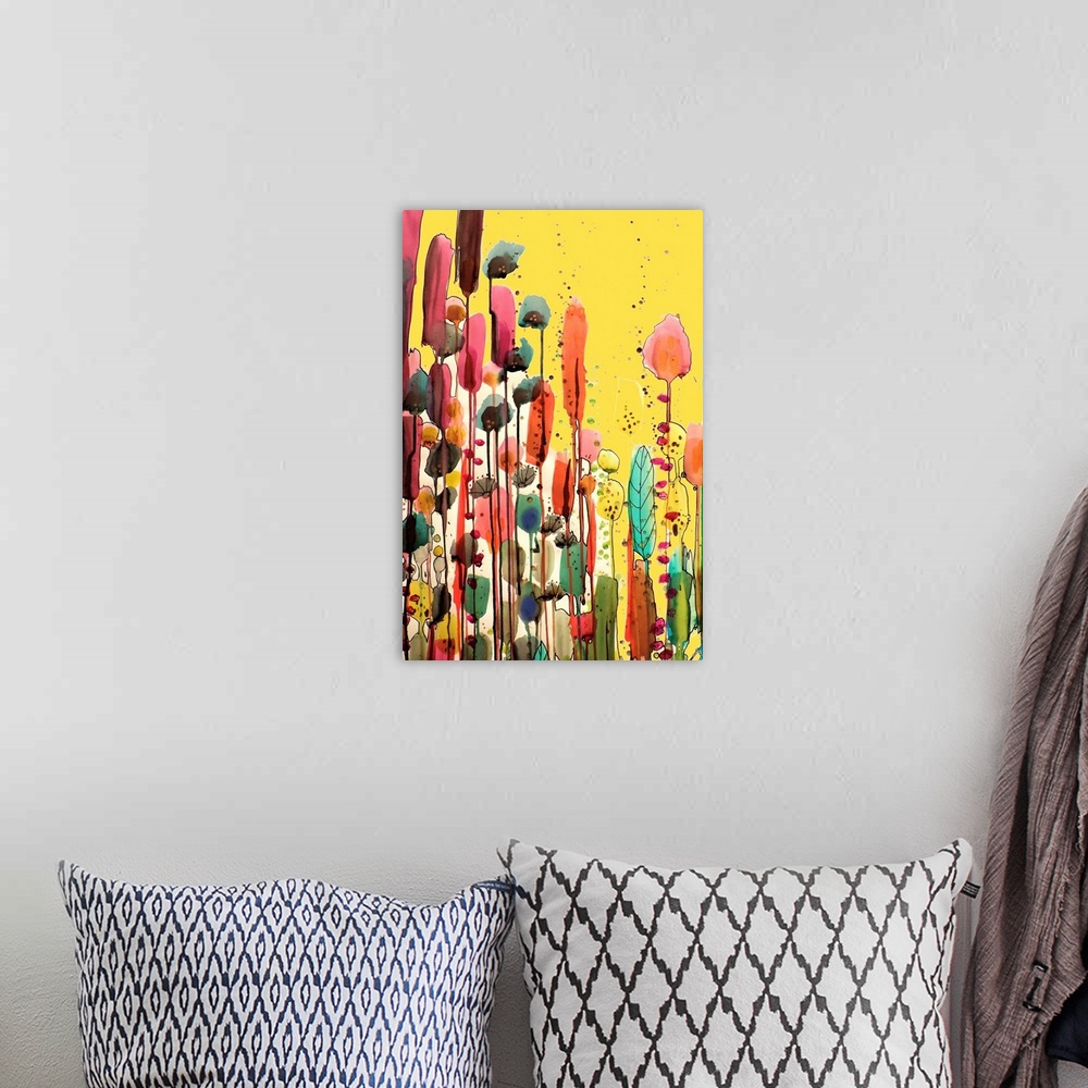 A bohemian room featuring Contemporary colorful abstract painting.