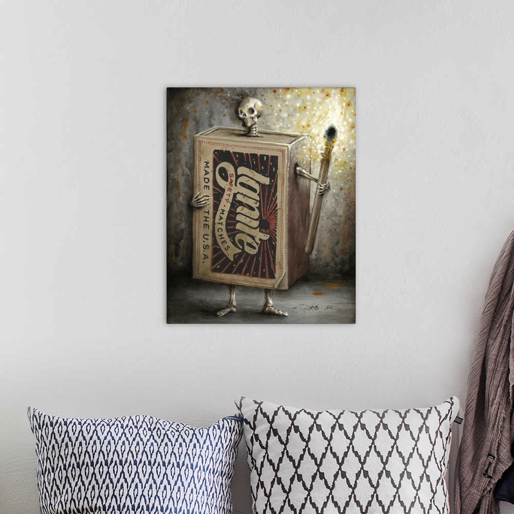 A bohemian room featuring Surrealist painting of a human skeleton wearing a matchbox and holding a lit match.