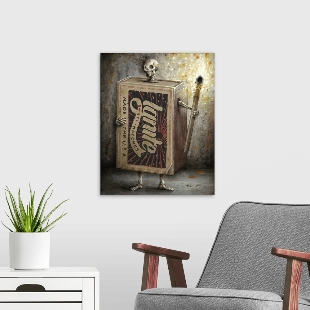 A modern room featuring Surrealist painting of a human skeleton wearing a matchbox and holding a lit match.