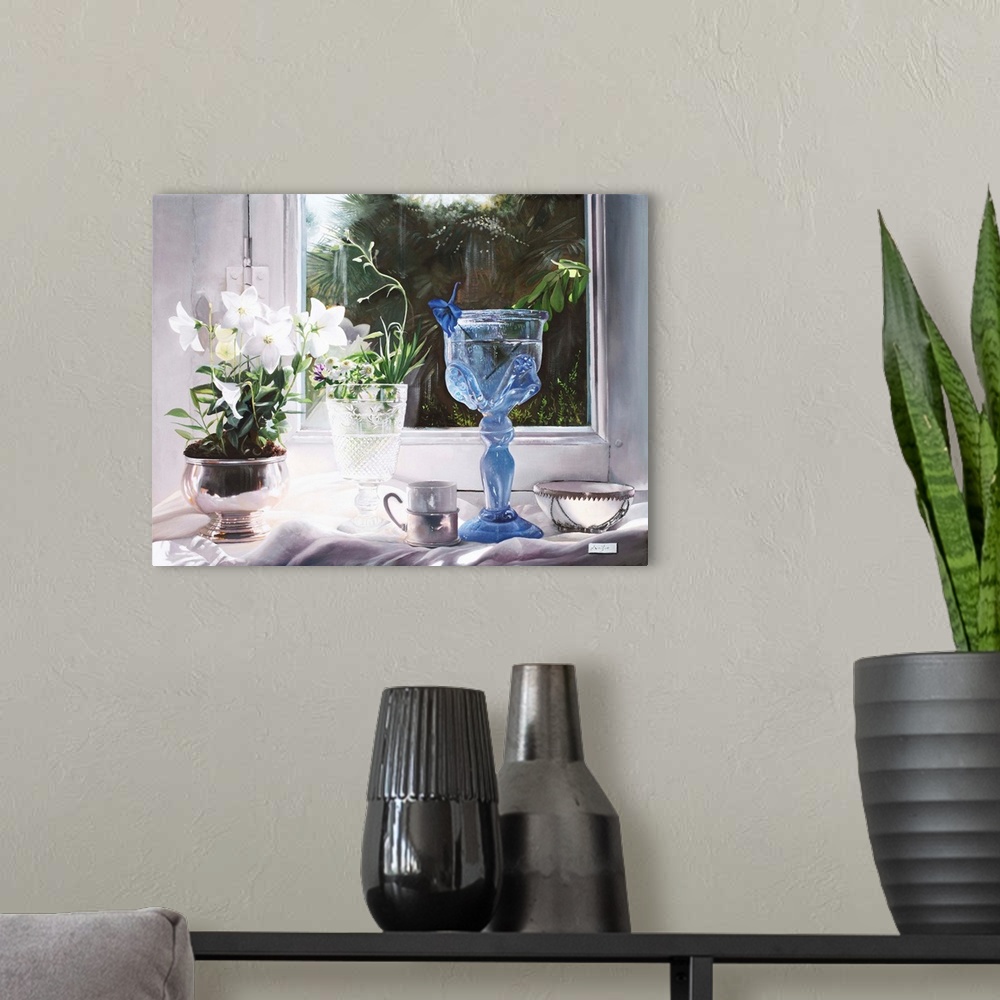 A modern room featuring Contemporary still life painting of a blue glass goblet sitting near a window.