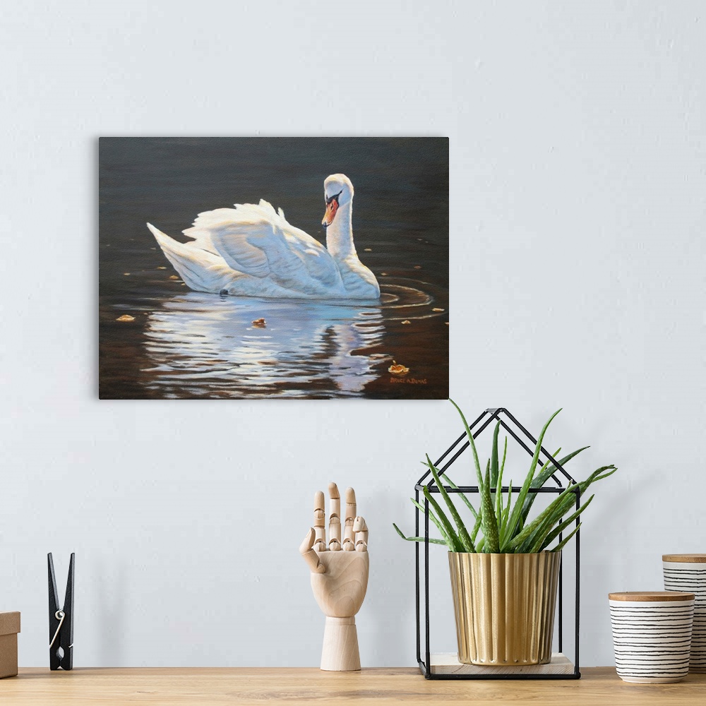 A bohemian room featuring Contemporary artwork of a swan and its reflection.