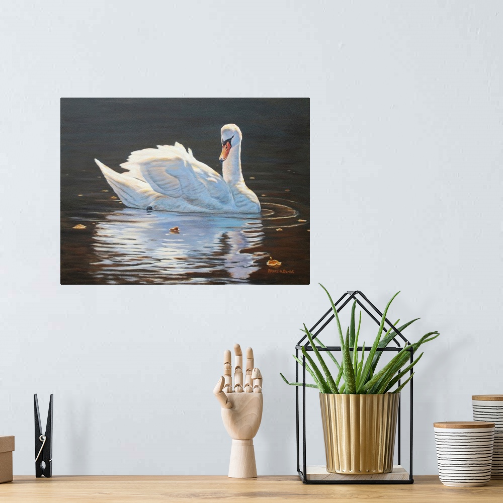 A bohemian room featuring Contemporary artwork of a swan and its reflection.