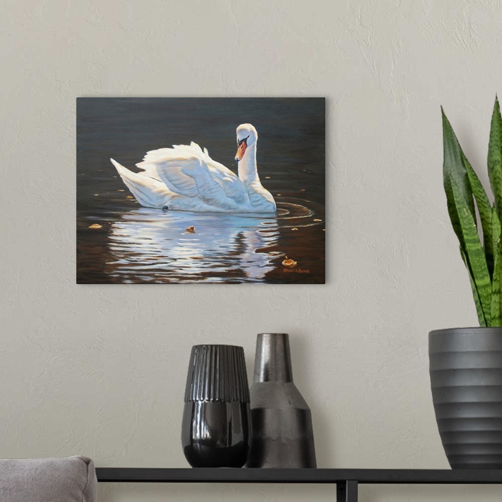 A modern room featuring Contemporary artwork of a swan and its reflection.