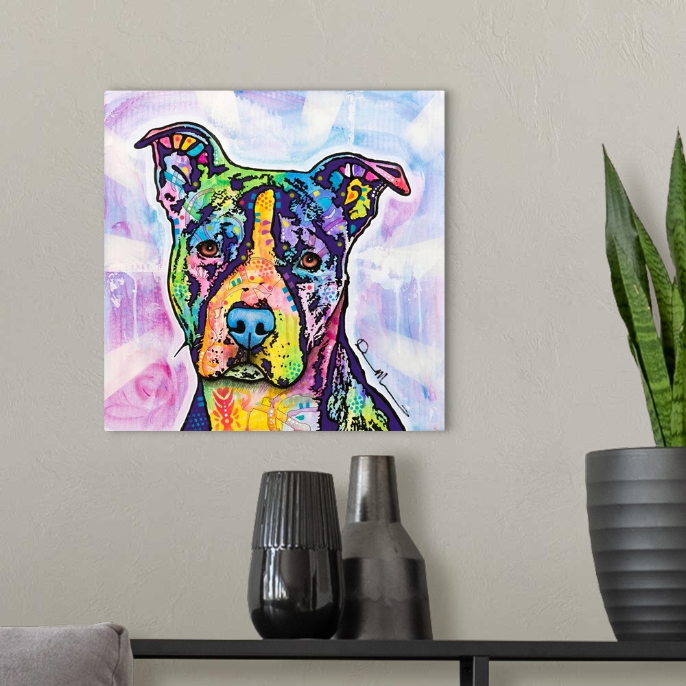 A modern room featuring Square art with an illustration of a pit bull with colorful abstract designs all over.