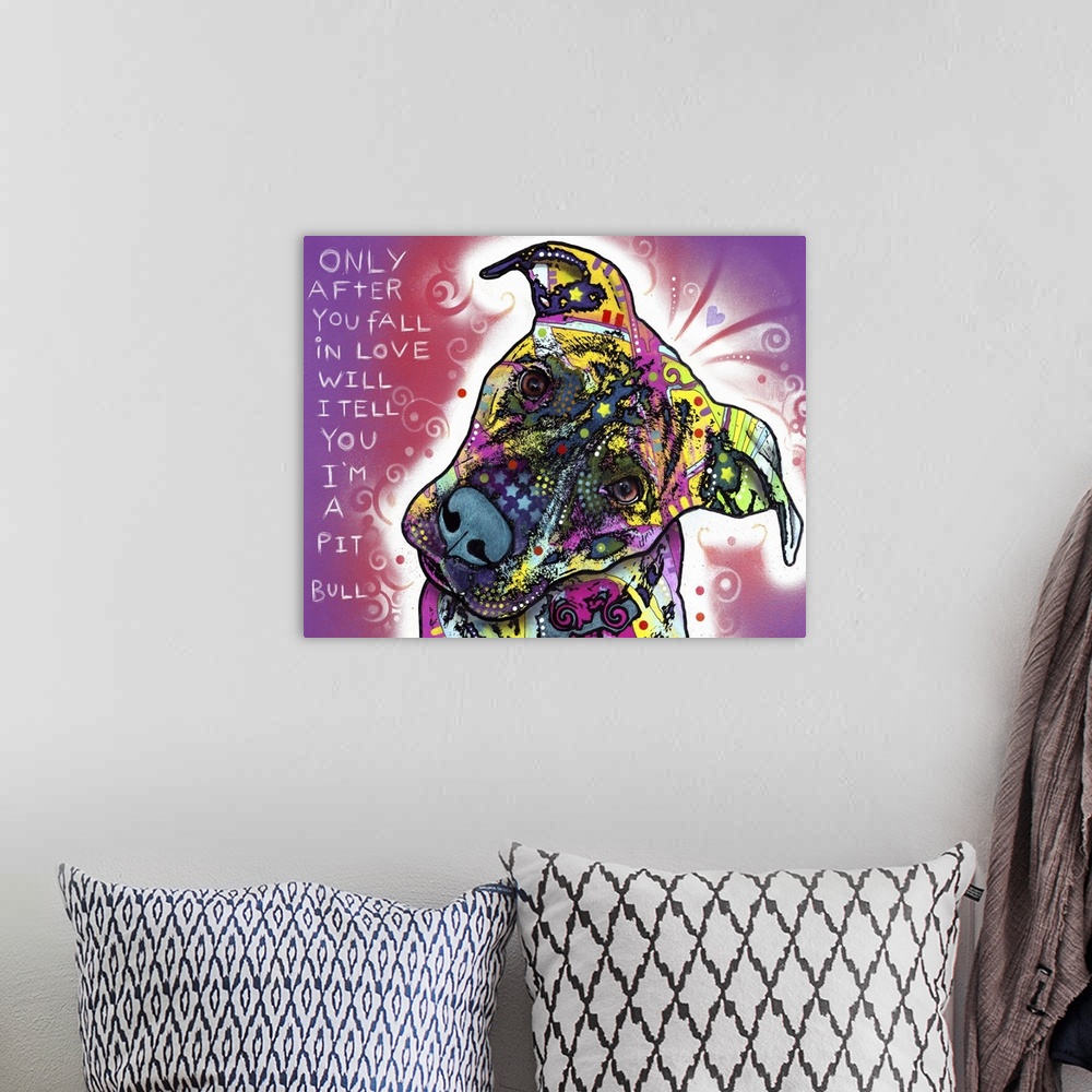 A bohemian room featuring Pop art inspired digital drawing of a  pit bull dog face covered in colorful shapes with text.