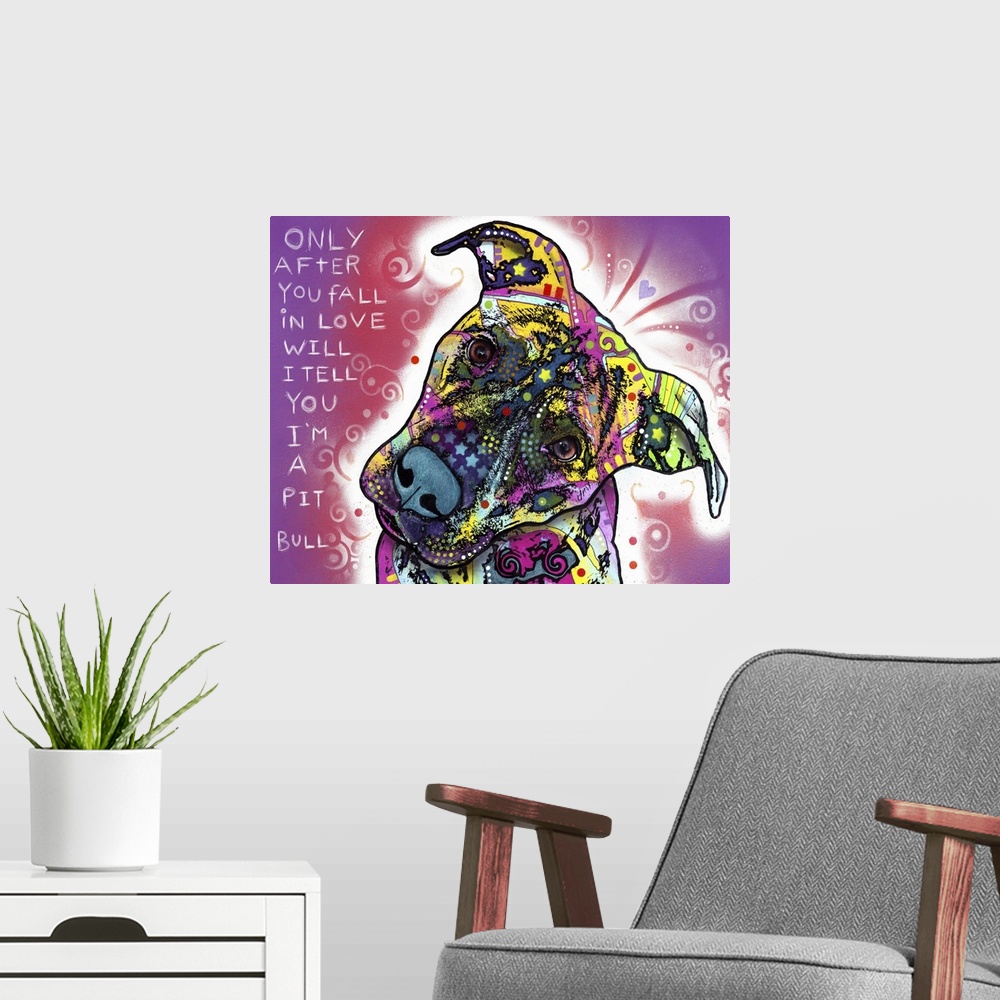 A modern room featuring Pop art inspired digital drawing of a  pit bull dog face covered in colorful shapes with text.