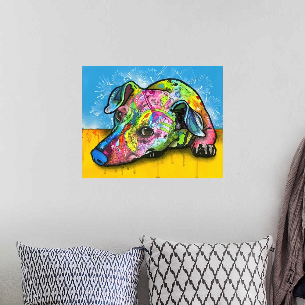 A bohemian room featuring Contemporary painting of a colorfully designed scent hound lying on a yellow floor with a blue ba...