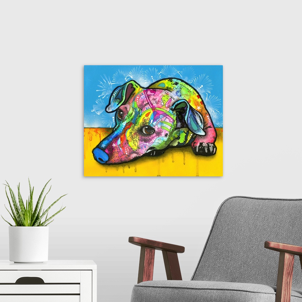 A modern room featuring Contemporary painting of a colorfully designed scent hound lying on a yellow floor with a blue ba...