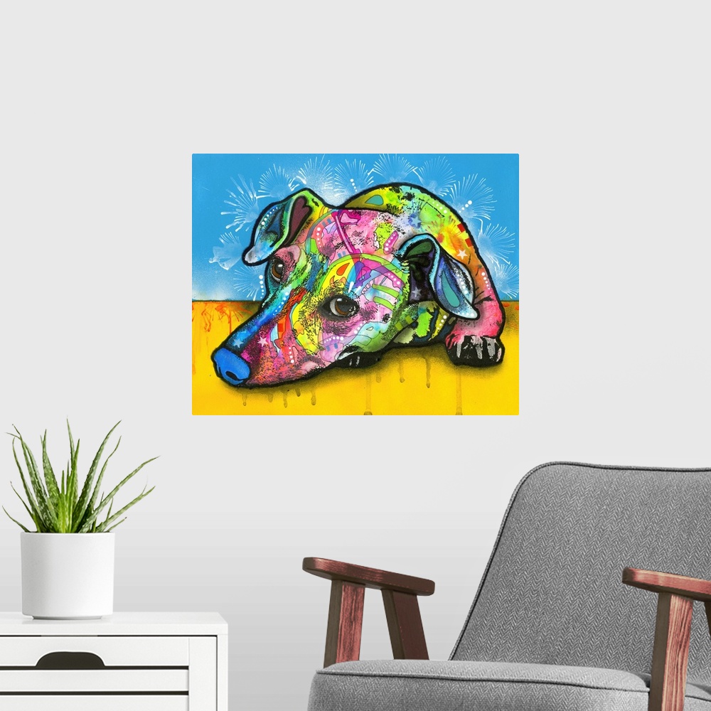 A modern room featuring Contemporary painting of a colorfully designed scent hound lying on a yellow floor with a blue ba...