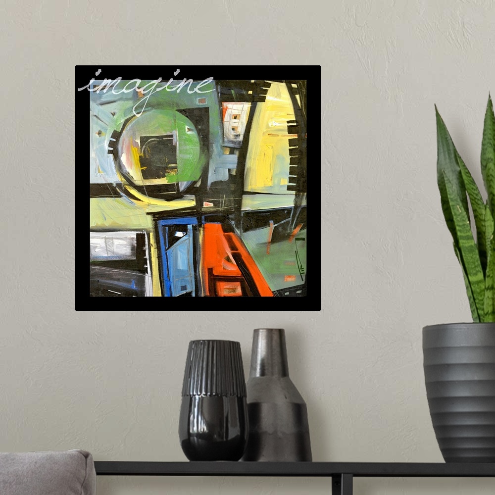 A modern room featuring Abstract painting of geometric shapes resembling a city from above with the word "imagine" in scr...