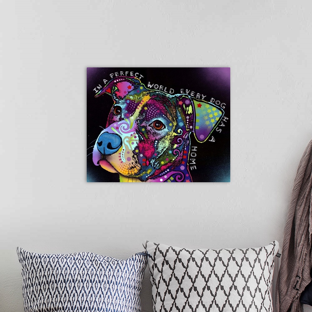A bohemian room featuring Big contemporary art shows an illustration of a dog's head filled with vibrant colors and pattern...