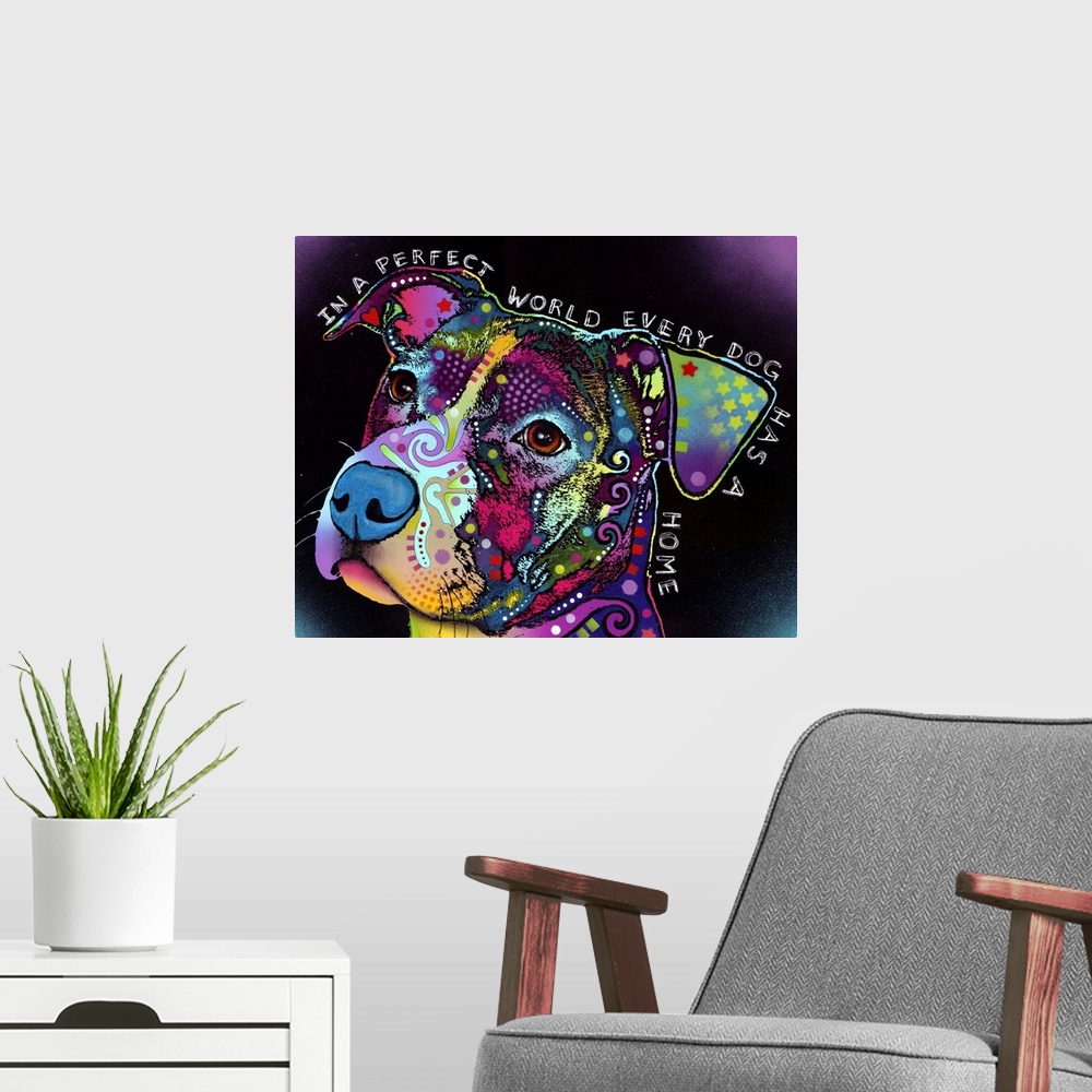 A modern room featuring Big contemporary art shows an illustration of a dog's head filled with vibrant colors and pattern...