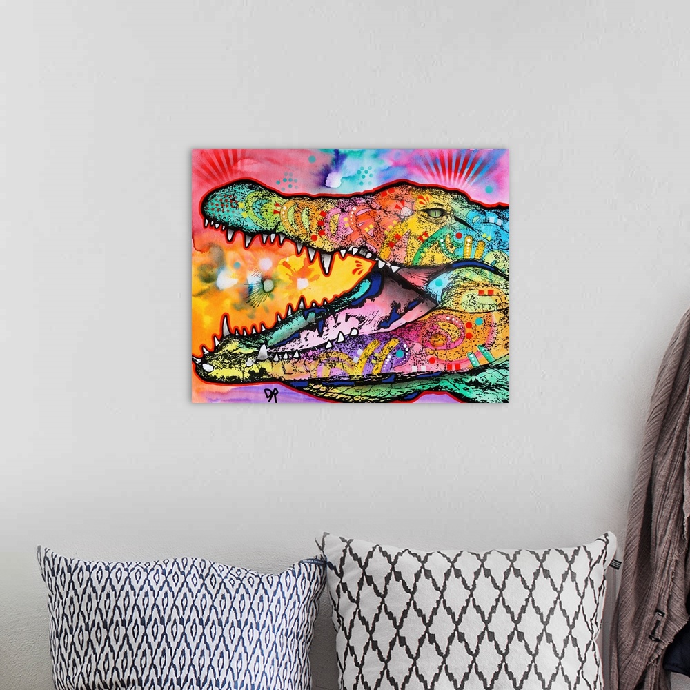 A bohemian room featuring Close-up illustration of a colorful crocodile with its mouth open.