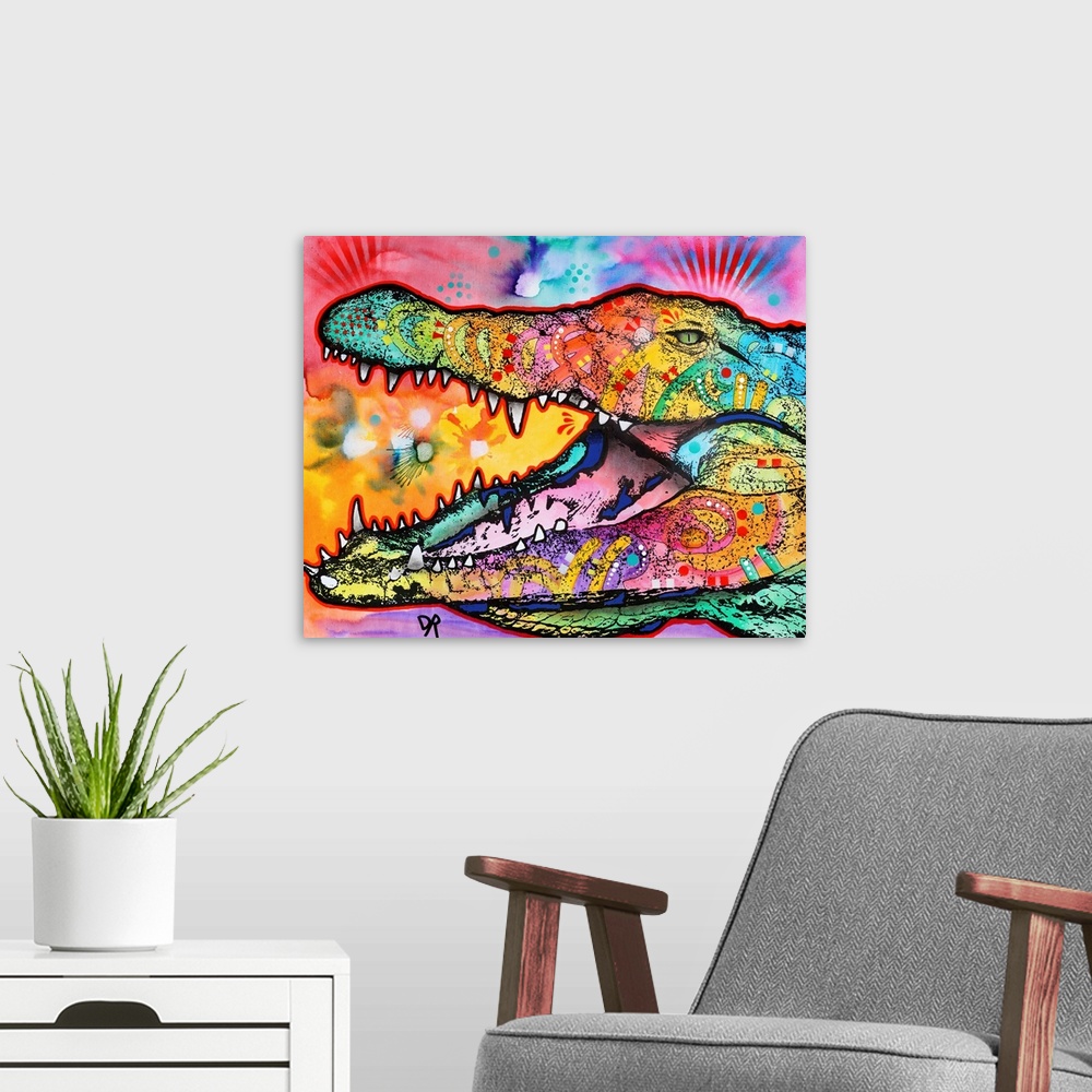 A modern room featuring Close-up illustration of a colorful crocodile with its mouth open.
