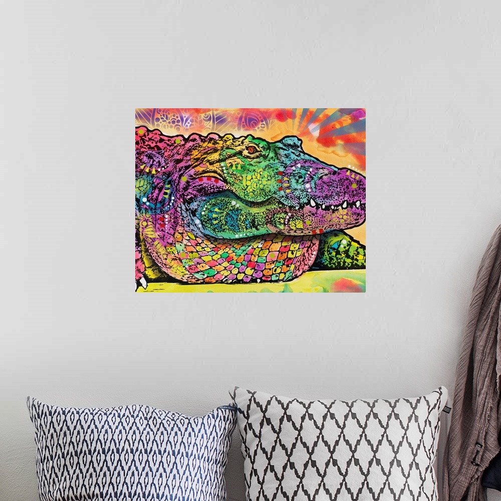 A bohemian room featuring Colorful illustration of a Crocodile with different colors and abstract designs all over.