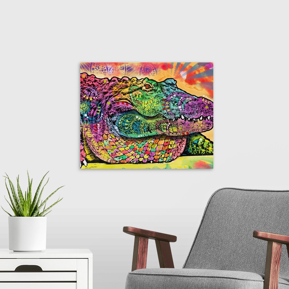 A modern room featuring Colorful illustration of a Crocodile with different colors and abstract designs all over.