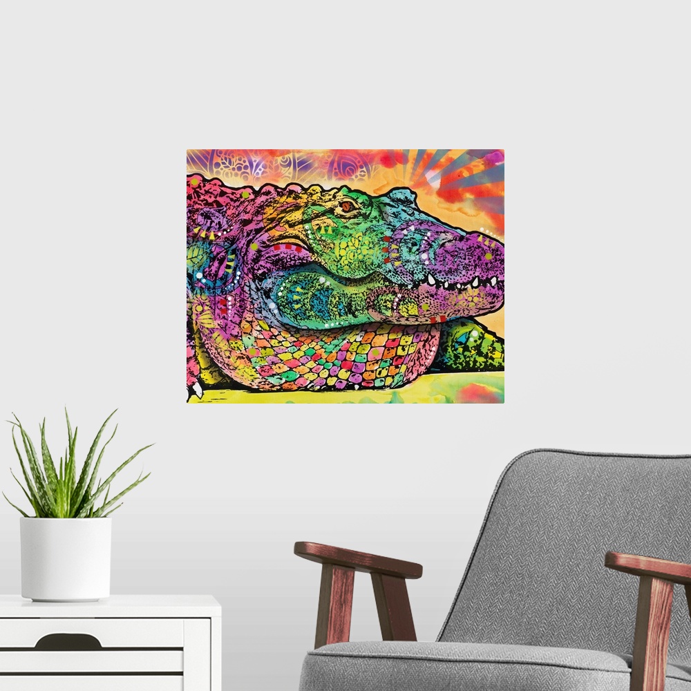 A modern room featuring Colorful illustration of a Crocodile with different colors and abstract designs all over.