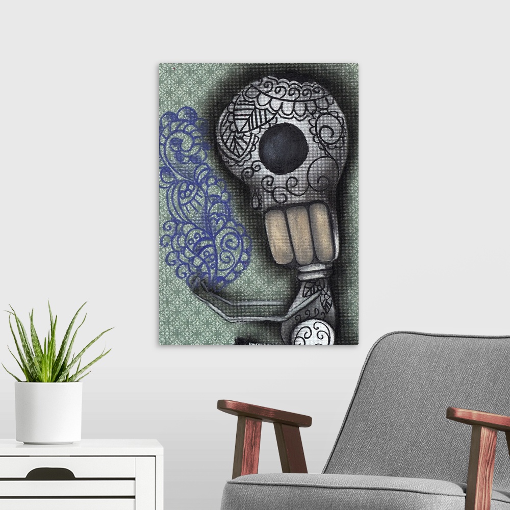 A modern room featuring Contemporary painting of an ornately decorated skeleton seated against a patterned background.