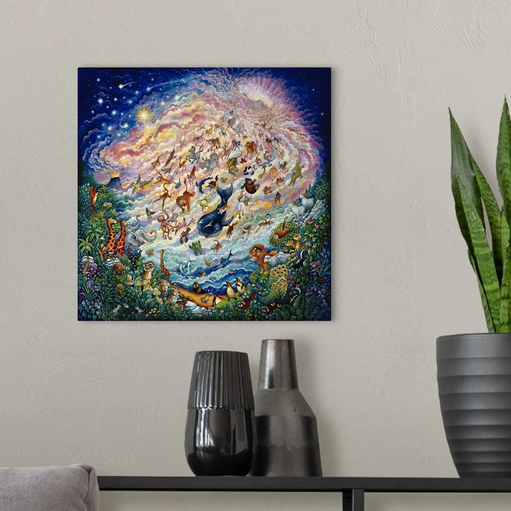 A modern room featuring Creation of animals falling from the sky.
