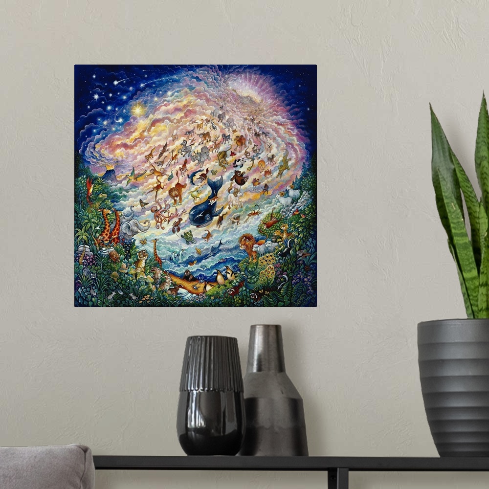 A modern room featuring Creation of animals falling from the sky.