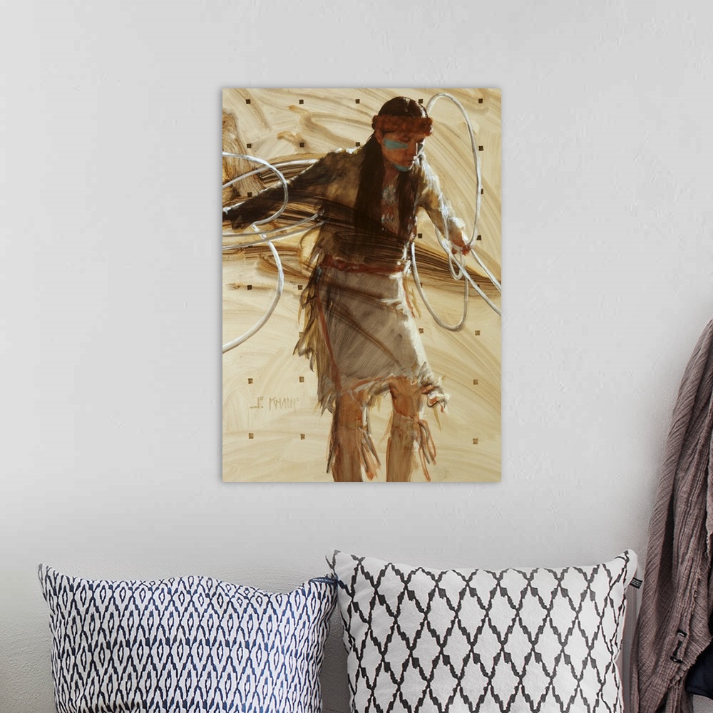 A bohemian room featuring Western themed contemporary painting of a traditionally dressed Native American performing ceremo...