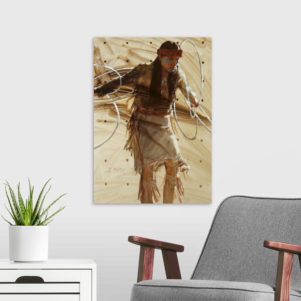 A modern room featuring Western themed contemporary painting of a traditionally dressed Native American performing ceremo...