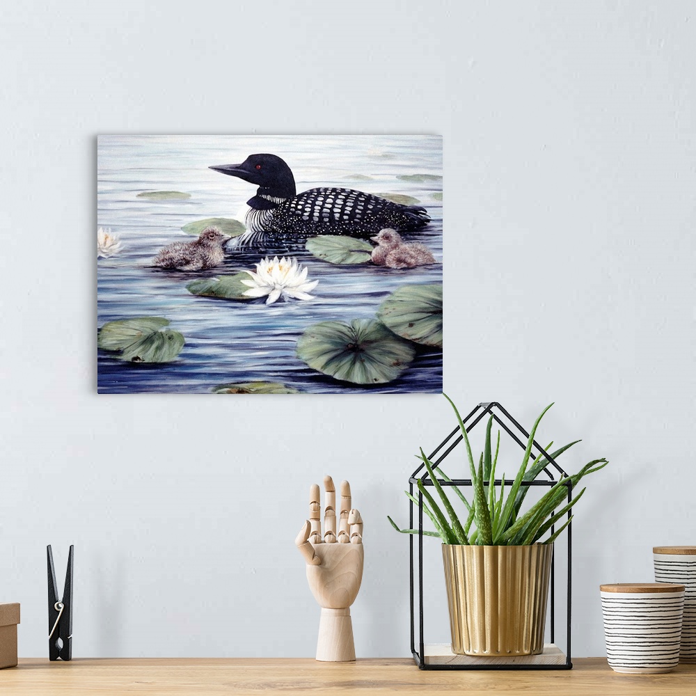 A bohemian room featuring Contemporary artwork of a loon swimming among lily pads.