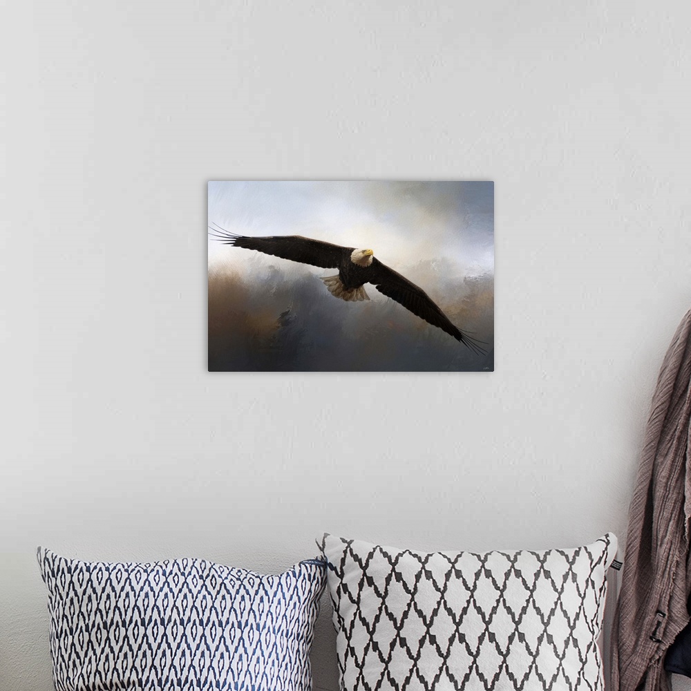 A bohemian room featuring A bald eagle flies through the dark clouds.