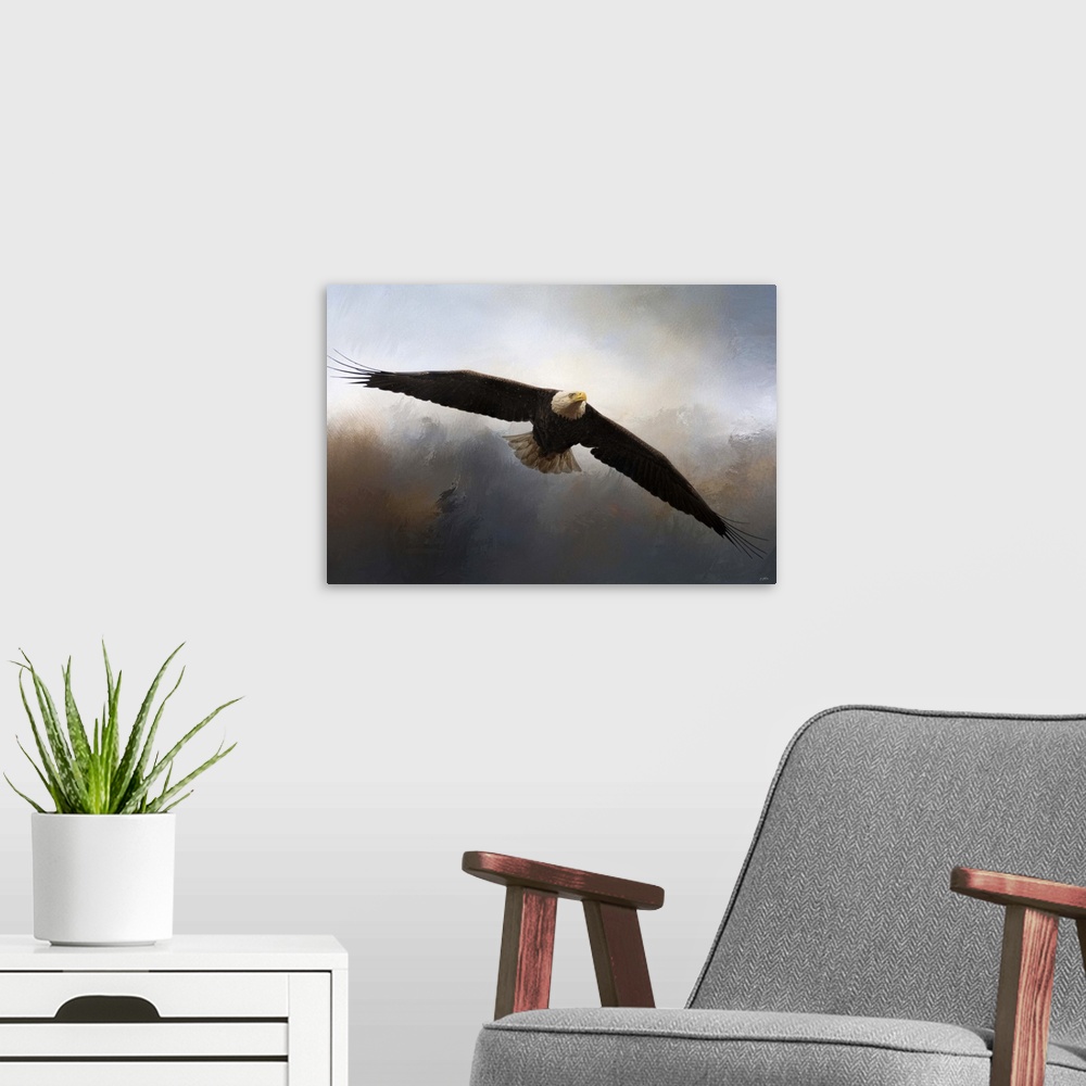 A modern room featuring A bald eagle flies through the dark clouds.