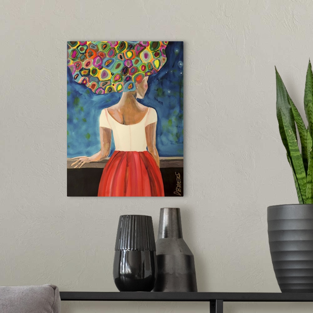 A modern room featuring Contemporary painting of a woman with a a giant hairstyle in vibrant colorful shapes.