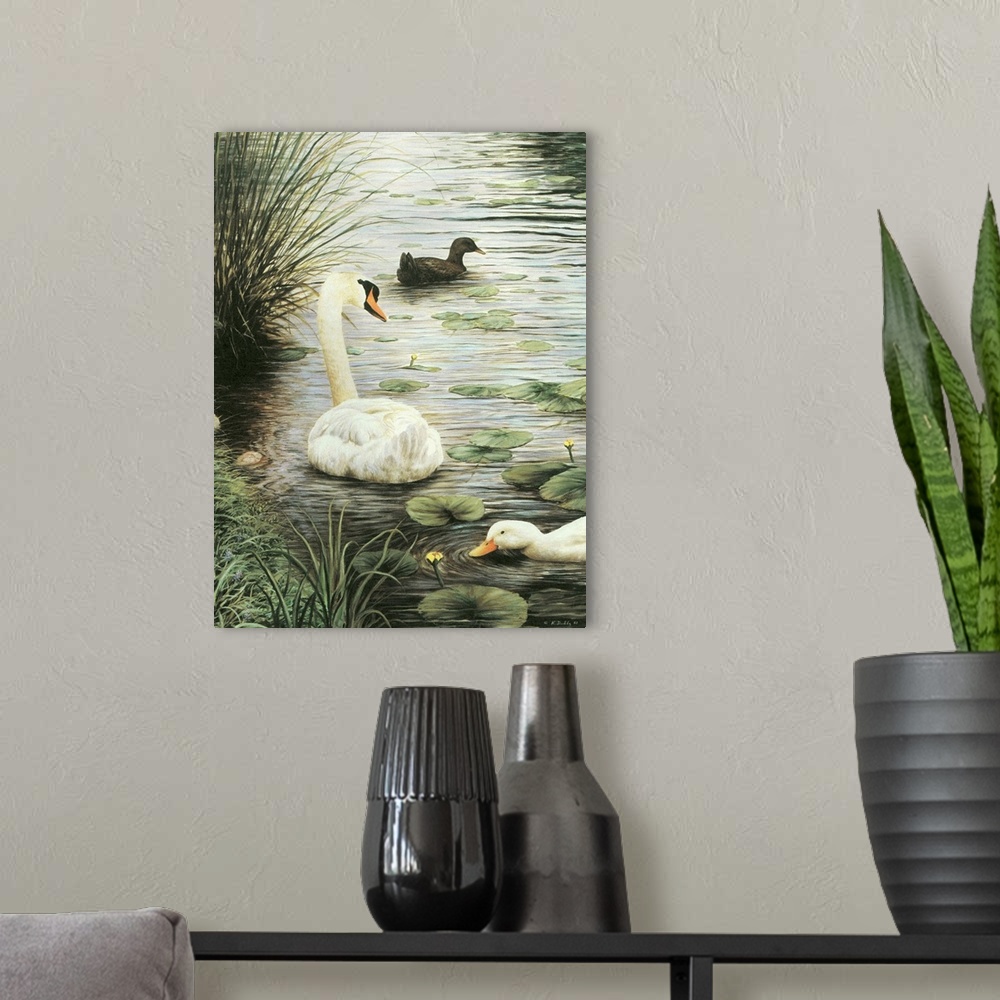 A modern room featuring Contemporary artwork of a swan and two ducks in a pond.