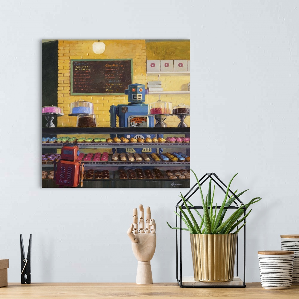 A bohemian room featuring A contemporary painting of a blue retro toy robot standing behind the counter of a donut shop whi...